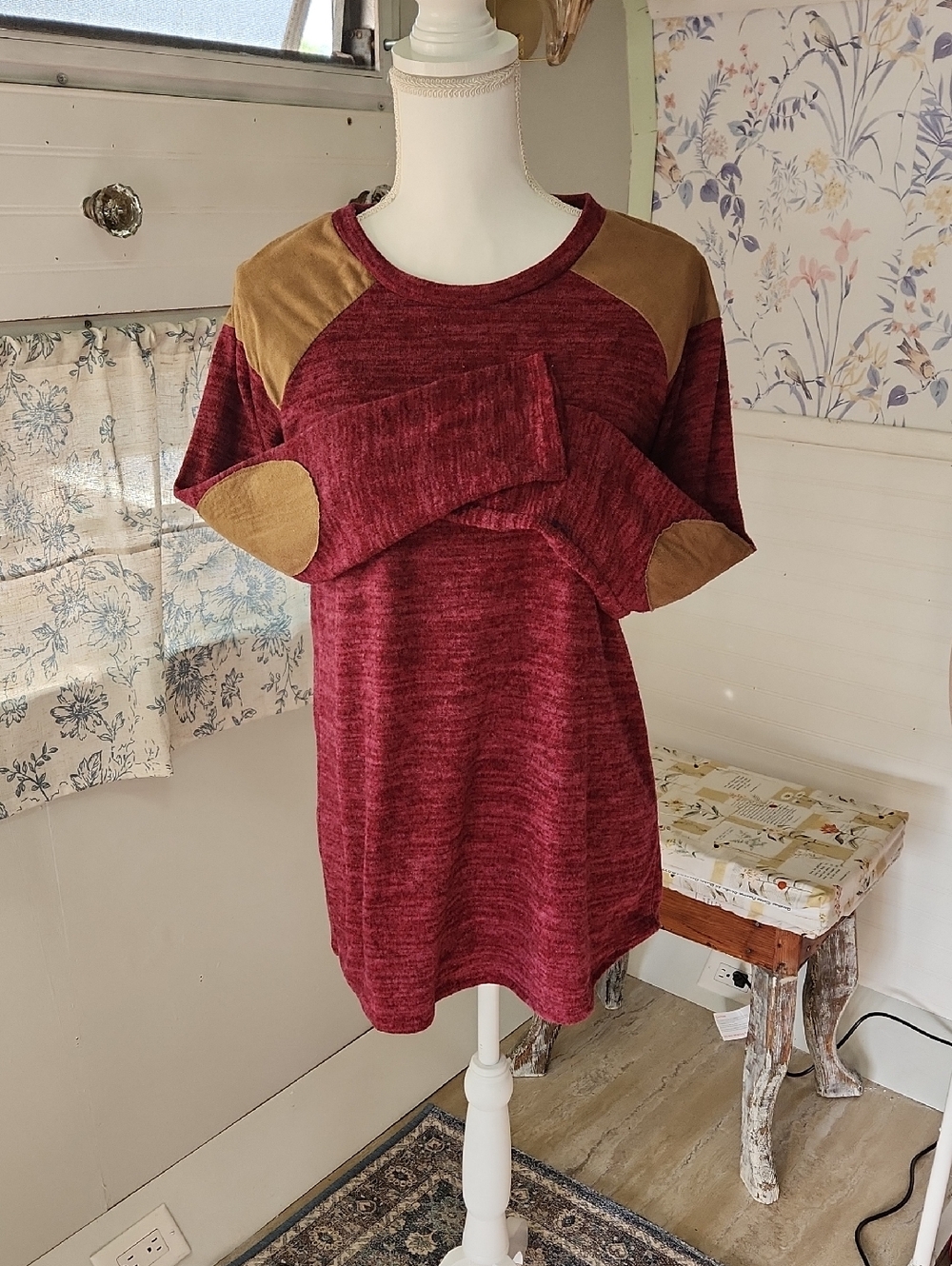 Lilypad Burgundy Soft Knit Top with Tan Suede-Look Patch Details